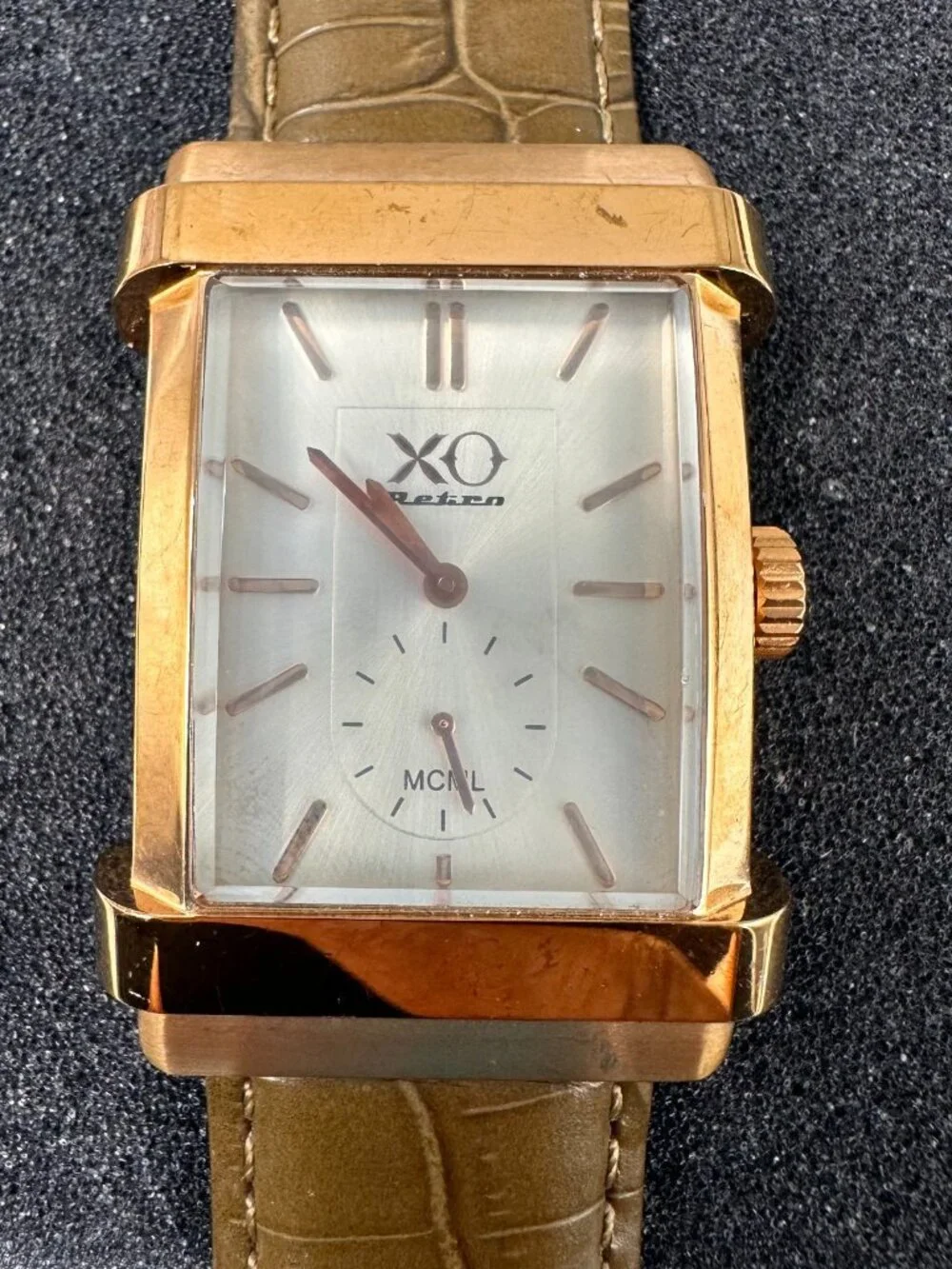 XO Retro MCML Watch Mens Rose Gold Tone Green Leather Band New Battery 9.5